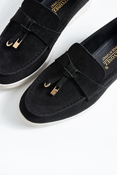 Pazzyonez Kadın Siyah Süet Günlük Rahat Oxford Casual Kalvaniz Tokalı Kısa Topuklu Loafer Ayakkabı