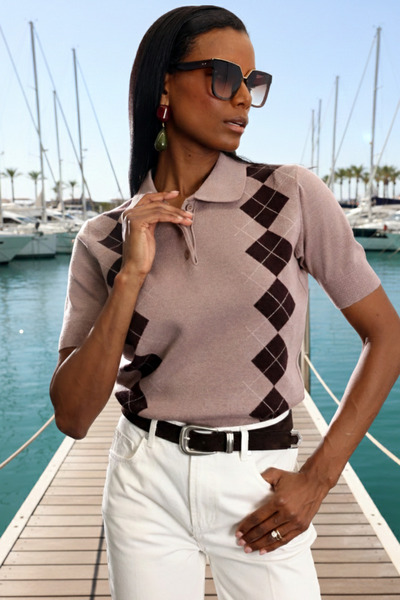 5in1Canpolat Mink Baklava Patterned Polo Collar Knitwear