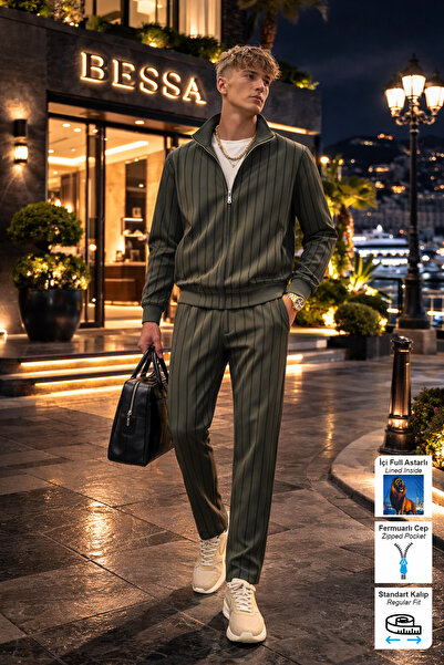 BESSA Haki Dik Yaka Eşofman Takımı Çizgili Vorteks Kumaş Düz Paça Fermuarlı C...