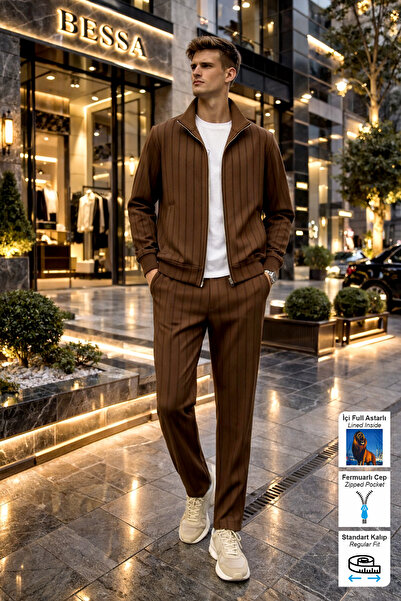 BESSA طقم بدلة رياضية بياقة واقفة باللون البني للرجال مع بطانة من القماش المخ...