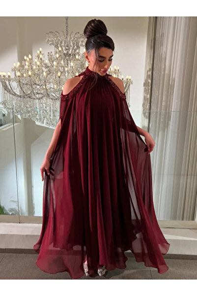 Nice Model Burgundy Cold Shoulder Evening Gown with Beaded Embellishments for...