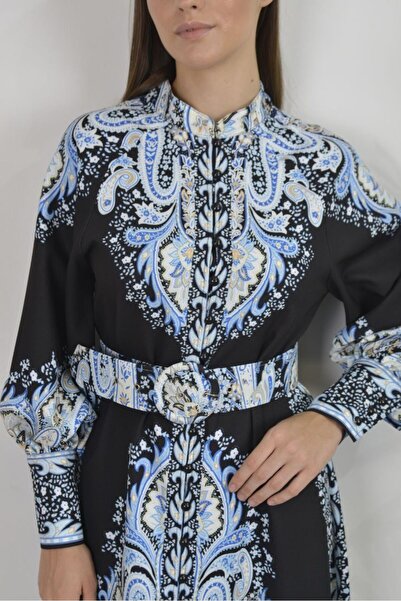 ELEWOMEN Women's Long-Sleeved Dress with Geometric Print Satin Fabric