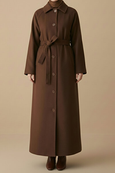 Raqqa Oxford Kaban - Kahverengi- Uzun Tesettür Kaşe Kaban