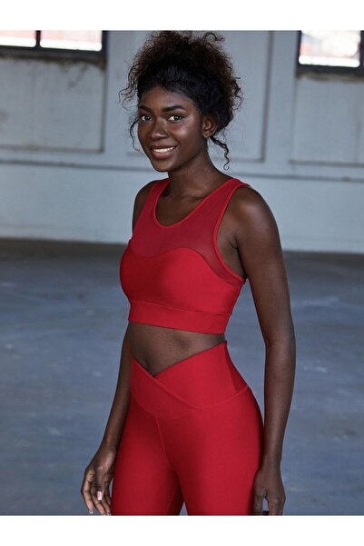 lismina Kırmızı Yakası Tül Detaylı Spor Büstiyer ( Sporcu Bra )