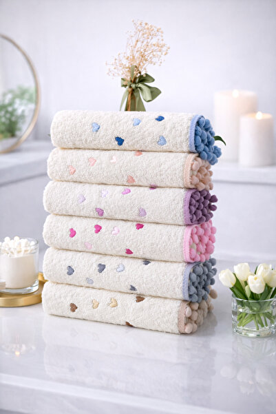 LilaMOON Пакет от 6 кремави памучни кърпи за ръце с бродирани сърца и помпон ...