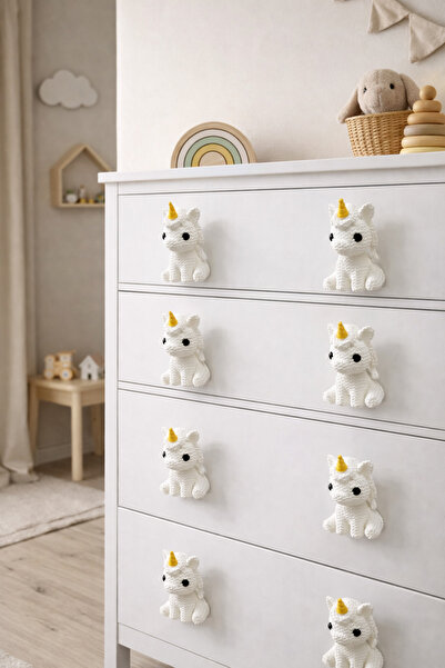 Rekatech BEYAZ UNİCORN FİGÜRLÜ Kulp Çocuk Odası Örgü Desenli Dekoratif Çekmec...