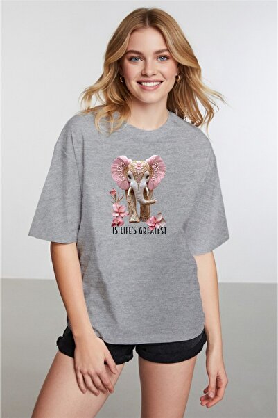 caddekombin Tricou pentru femei Espiri Elephant Graphic cu imprimeu cu gât ro...
