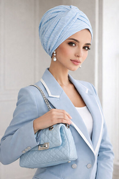 Aişe tesettür قبعة جاهزة بحزام ملتف باللون الأزرق الفاتح