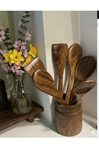Dia Acacia Wooden Spoon Set 7-Piece Spoon Holder Set
