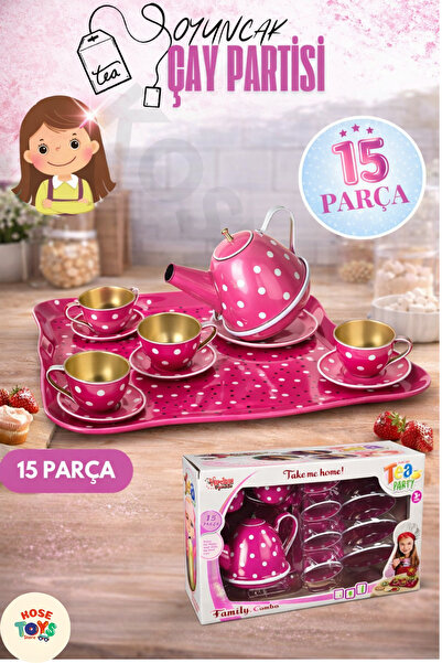 kosetoys Kız çocuk Çay partisi seti metal pembe puantiyeli 15 parça set
