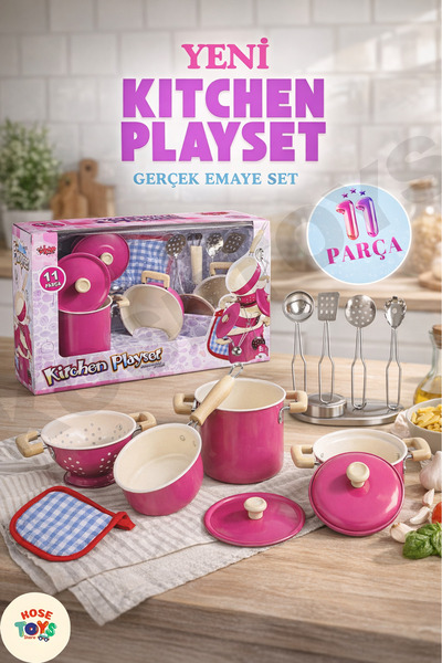 kosetoys Kız çoçuk oyuncak Mutfak seti 11 parça gerçek emaye tencere tava seti