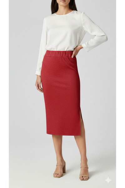 SUNA İKİ YANI YIRTMAÇLI KALEM ETEK- SİMLİ FLOŞ DOKUMA NAR ÇİÇEGİ