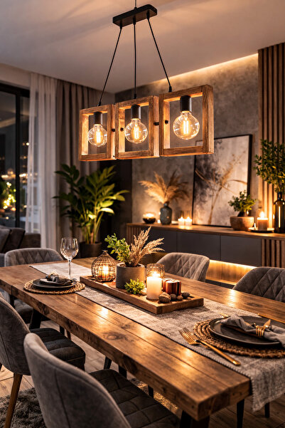 ONUR AVİZE Retro Rustik Dekoratif Eskitme 3'lü Doğal Ahşap Avize