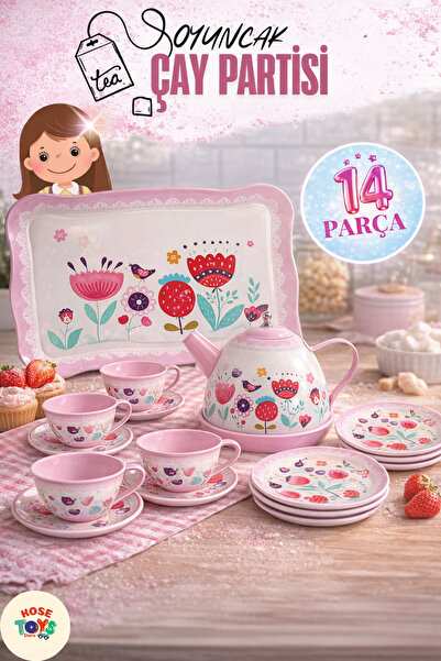 kosetoys Kız çocuk metal çay seti 15 parça çaydanlık ve fincan seti