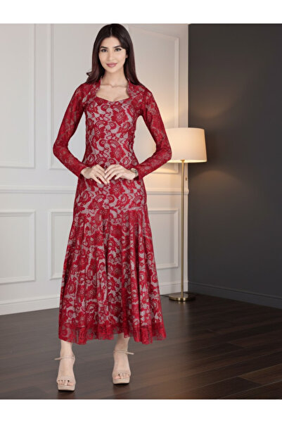 Nice Model Chic Lace Midi Cocktail Dress Long Sleeves Corset Back Floral Over...