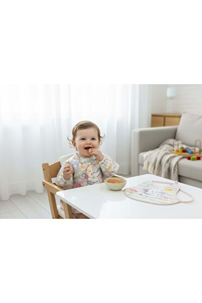 Malkoç bebe Double Baby Bib Set with Sleeves and Ties Powder