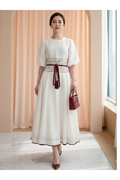 ILAN Elegant White Linen Dress with Floral Embroidery Belted Short-Sleeved Fl...