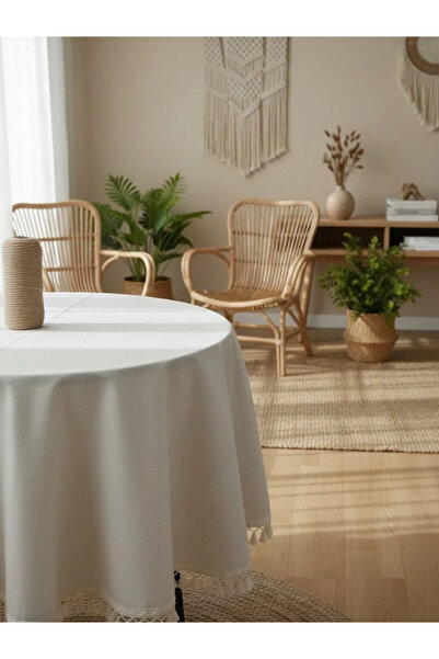 NDC HOME Beli pamučni laneni okrugli stolnjak sa sirovim pomponima