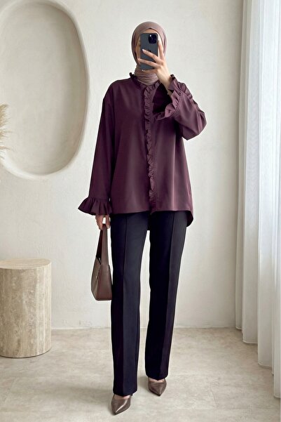 Modamorfo Arkası Uzun Kolu Ve Önü Fırfırlı Gömlek -Mürdüm