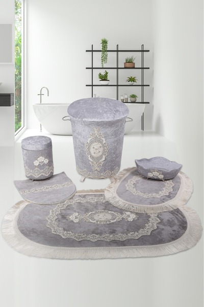 Bonny Home Exclusive Gri 6 Prç Dantelli Banyo Kirli Çamaşır Sepeti Seti Banyo...