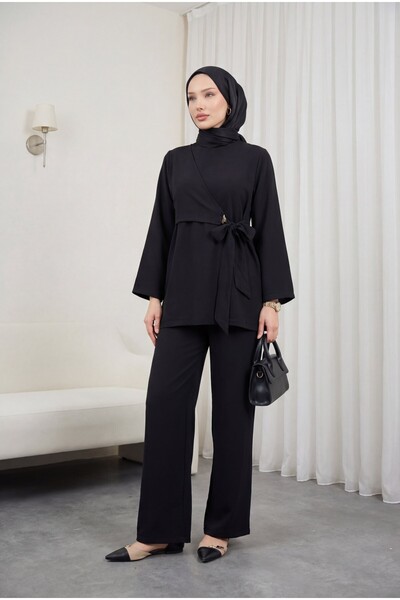 Modamorfo Costum modal cu pantaloni și cravată încrucișată în talie - Negru