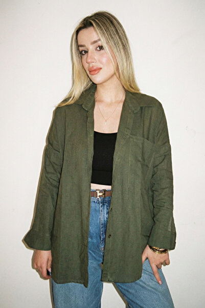 ECOTİQUE Дамска каки базова прекалено голяма ленена риза с дълги ръкави и джо...