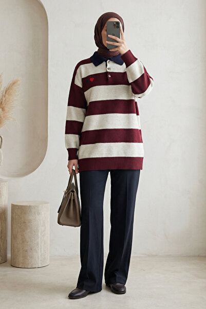 Modamorfo Shirt Collar Buttoned Heart Embroidered Knitwear Tunic -Burgundy