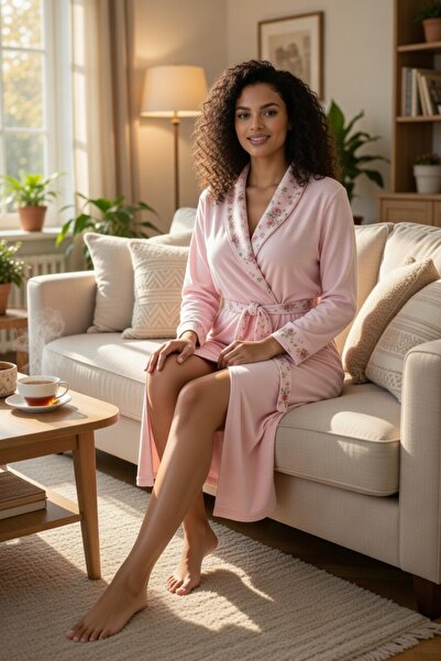 bigmama روب نسائي قطني - مقاس كبير بنقشة زهور وياقة شال طويلة