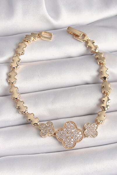 Skygo Brass Gold Color Zircon Stone Clover Model Chain Women's Bracelet - Tj-...