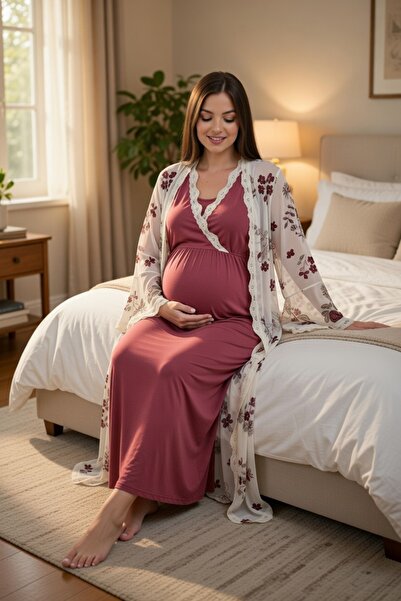 big mama Embroidered Chiffon Dressing Gown Maternity Nightgown Set - Stylish ...