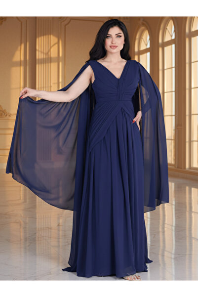 Nice Model Luxurious Navy Blue Maxi Gown Chiffon Cape Sleeves Deep V-Neck Eve...