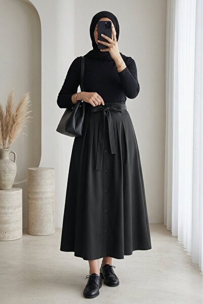 Modamorfo Önü Düğmeli Bağcıklı Paraşüt Etek -Siyah
