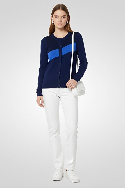 Lacoste Women Crew Neck Embroidered Logo Long Sleeve Cardigan, Navy Blue