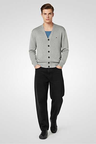 Tommy Hilfiger كارديجان رجالي مطرز بشعار وفتحة رقبة على شكل حرف V، رمادي