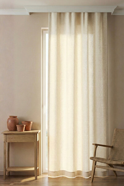 Kayasoft Ekru Pamuk Keten Dokulu Fon Perde Kornişe Uygun Pilesiz Modern Düz P...