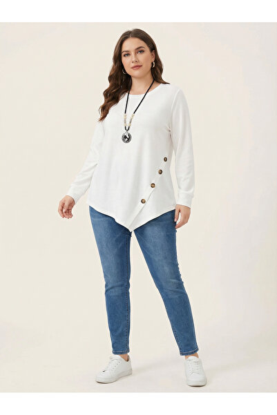 Pntekstil Asimetrik Kesim Düğme Detaylı V Yaka Dökümlü Tunik Bluz