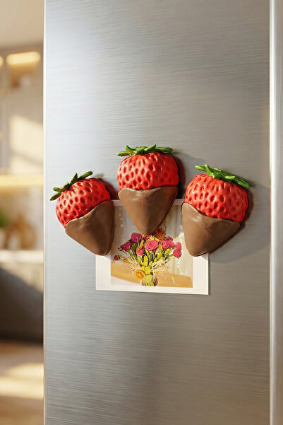 ZAP AKSESUAR Çikolataya Batırılmış Çilek Magnet 3’lü Set El Yapımı Çilek Tema...