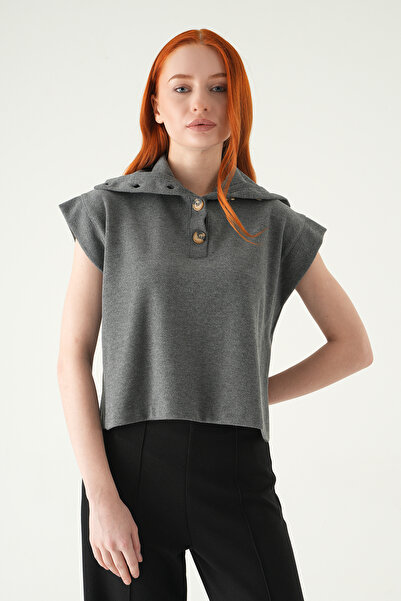 Rays 3106A Μπλουζάκι με κουκούλα και κουμπιά, ανθρακί