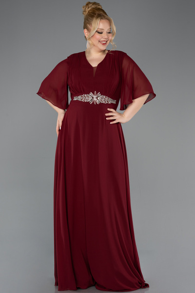 Abiyefon Bordo Kısa Kol V Yaka Beli Taşlı Uzun Şifon Büyük Beden Abiye ABU5613