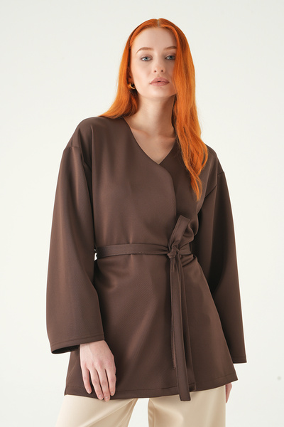 Rays Brown Belted Wide Sleeve Kimono 3068A