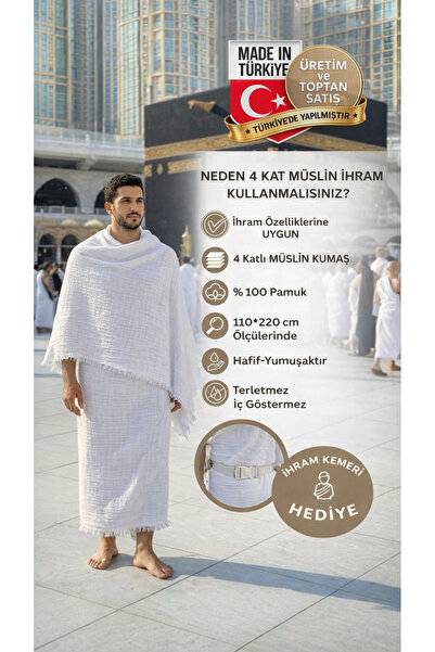 MUJO %100 Pamuk 4 Katlı Müslin İhram - İç Göstermez Hac-Umre Kıyafeti (110x22...