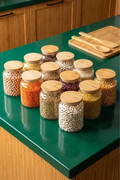 Bambum حاوية تخزين زجاجية مقاس 12 بوصة - سعة 800 مل مع غطاء من الخيزران