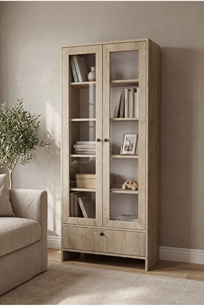 BBF Furniture Lefkas Meşe Cam Kapaklı Modern Vitrin Dolap – Çekmeceli Çok Ama...