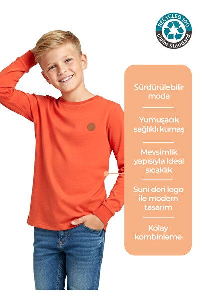Ozmoz By Mukadder Özden Boy's Recycle Cotton Long Sleeve Orange Tshirt