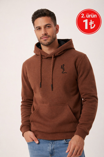Polo State Erkek Kapüşonlu 3 İplik İçi Şardonlu Nakışlı Kahverengi Sweatshirt