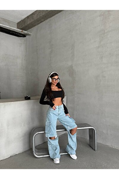 HerTon Ανοιχτό μπλε παντελόνι cargo με αποσπώμενη λεπτομέρεια στα μπατζάκια