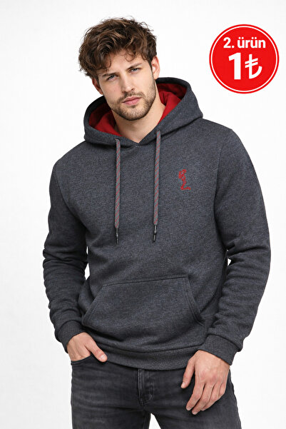 Polo State Erkek Kapüşonlu 3 İplik İçi Şardonlu Nakışlı Antrasit Sweatshirt