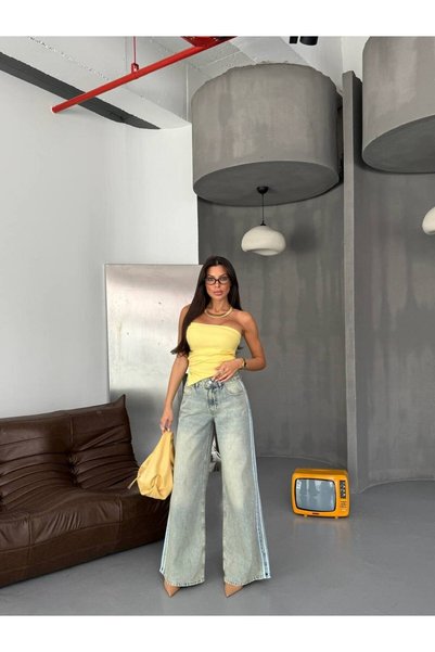HerTon Yan Şerit Detaylı Geniş Paça Açık Mavi Jean