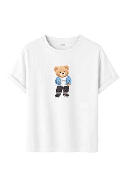 DK DAKSEL Tricou pentru bărbați cu imprimeu cu ursuleț de plus de culoare alb...