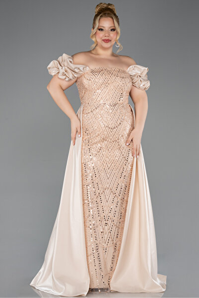 Abiyefon Gold Kayık Yaka Uzun Boncuklu Büyük Beden Abiye ABU5155